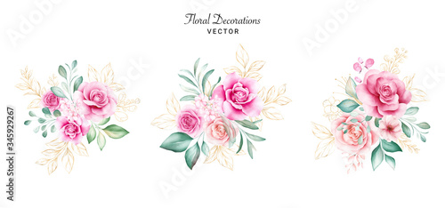 Set of watercolor bouquets for logo or wedding card composition. Botanic deco...