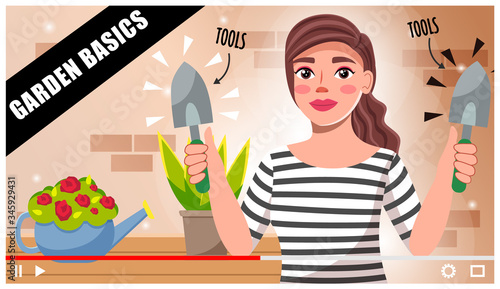 Concept of video player interface. Blogger shooting video about garden basics tools. Professional gardener woman making video tutorial for social networks, internet or vlogs. Cartoon vector style