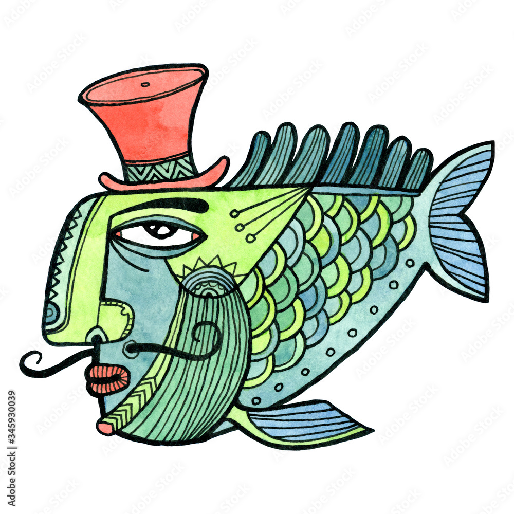 Fish character with a human face and a hat. Watercolor and ink  illustration. Stock Illustration
