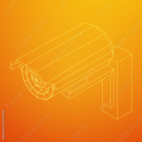 Modern video camera. Webcam viewing area. Safety, security concept. Wireframe low poly mesh vector illustration.