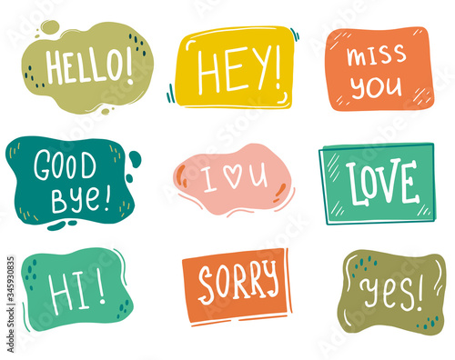 Hand drawn set of speech bubbles with dialog text. Comic doodle sketch style. Text and speech balloon element of color. Vector illustration for icon design.