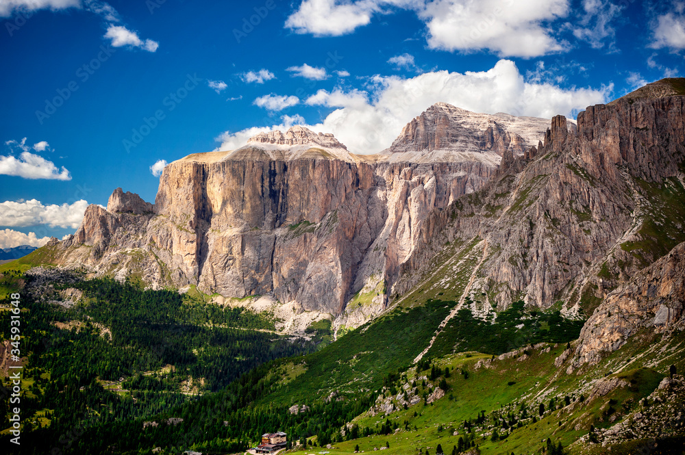 Naklejka premium The Pordoi Pass and the Pordoi Plateau (Sass Pordoi). You can also see the Piz Boé. Trentino Alto Adige, Italy