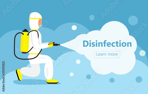 Disinfectant worker is wearing protective mask and suit. Man is carrying gas cylinder for disinfection of area. Toxic and chemicals protection vector. Spraying of antiseptic or sanitize
