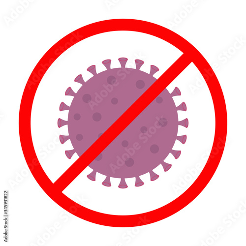 Stop Covid 19 coronavirus icon. Corona virus outbreak. Red prohibit sign symbol. Pandemic danger concept. Purple color. Flat design. Isolated. White background.