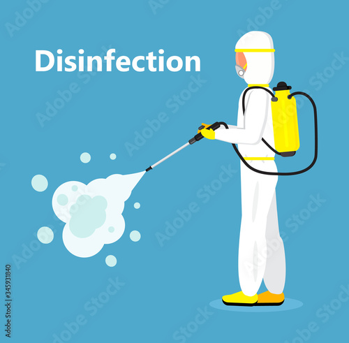 Disinfectant worker is wearing protective mask and suit. Man is carrying gas cylinder for disinfection of area. Toxic and chemicals protection vector. Spraying of antiseptic or sanitize