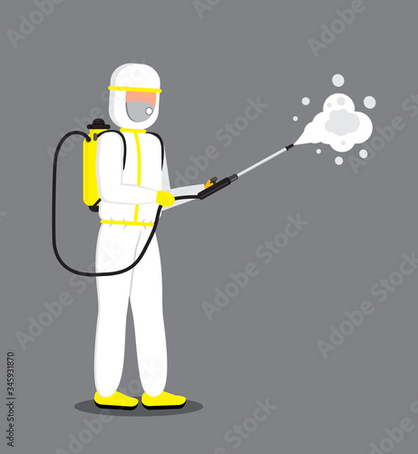 Disinfectant worker is wearing protective mask and suit. Man is carrying gas cylinder for disinfection of area. Toxic and chemicals protection vector. Spraying of antiseptic or sanitize