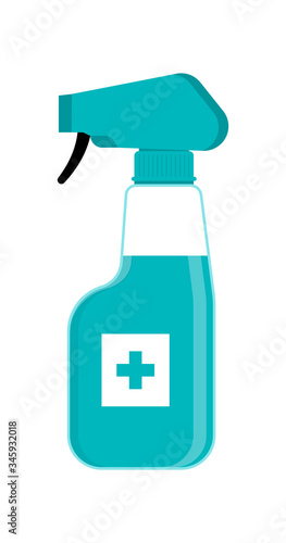 Spray bottle or liquid soap are shown. Disinfection vector. Body hygiene illustration. Hand sanitizer bottle or antiseptic gel are shown. Distinctive liquid for personal protective