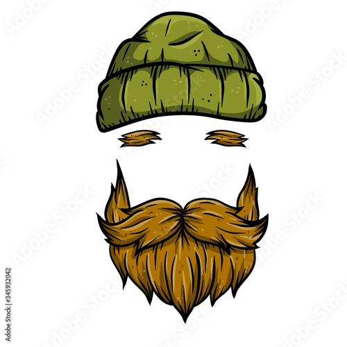 Fashionable men's haircut. Element of head and face hipster. Brown hair guy. Hair and beard. barbershop Fashion and style. Green warm hat of sailor and lumberjack. Hand drawn color illustration