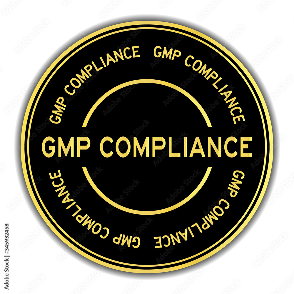 Black and gold color round sticker with word GMP (Good manufacturing practice) compliance on white background