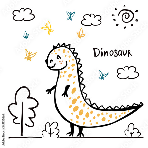 Cute little dinosaur on white background. Vector illustration. Perfect for greeting card, postcard, print, banner.