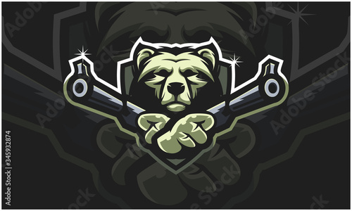 Bear head holding two gun, tactical team, Airsoft gun or Paintball club logo. Design element for company logo, label, emblem, apparel or other merchandise. Scalable and editable Vector illustration