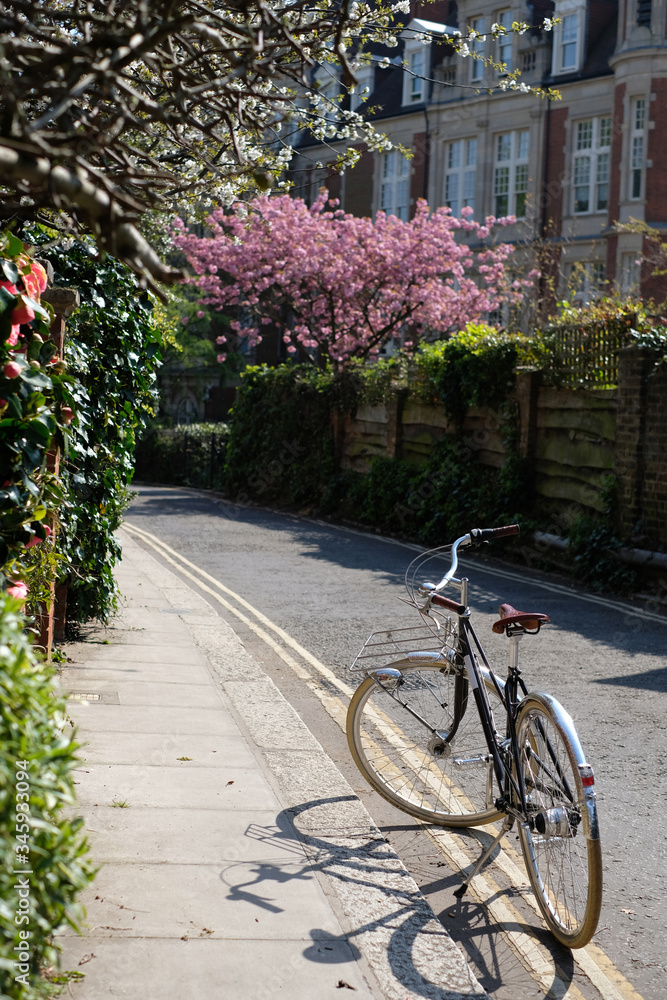 Cycling in the empty beautiful streets of Hampstead  during London lockdown due to coronavirus outbreak pandemic in spring 2020