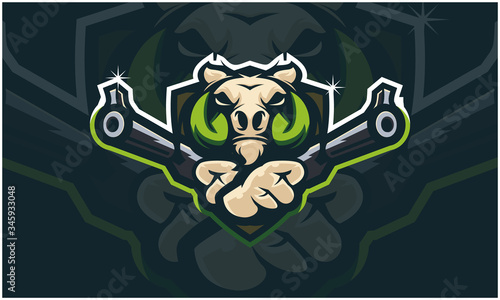 Warthog Wild Boar head holding two gun, tactical team, Airsoft gun or Paintball club logo. Design element for company logo, apparel or other merchandise. Scalable and editable Vector illustration