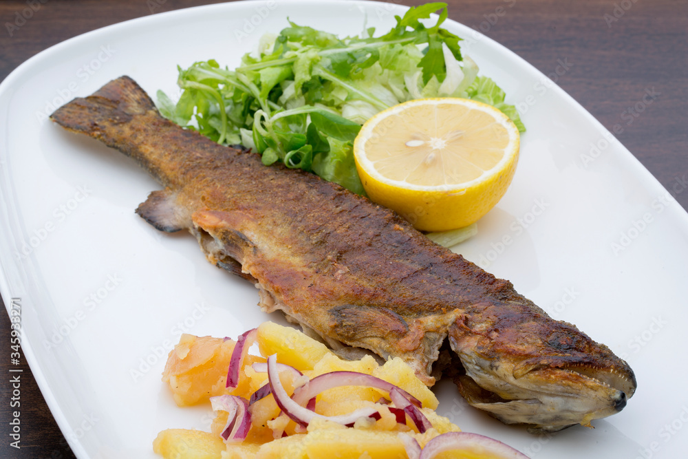 A roasted trout with potatoes, onions and lettuce in a white ceramic plate on a wooden table A roasted trout with potatoes, onions and lettuce in a white ceramic plate on a wooden table