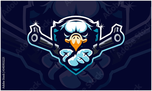 Eagle head holding two gun, tactical team, Airsoft gun or Paintball club logo. Design element for company logo, label, emblem,apparel or other merchandise. Scalable and editable Vector illustration