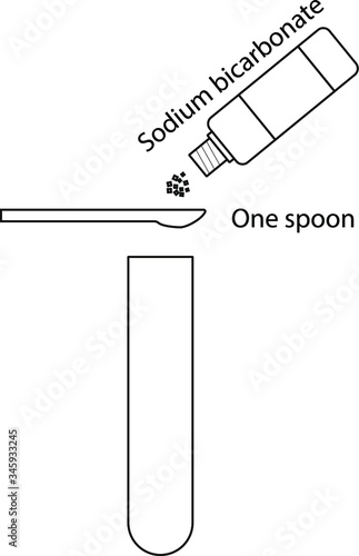 Chemical experiment for children. Bubbles in a test tube. Stage 1/5. Adding one spoonful of sodium bicarbonate to a test tube. 