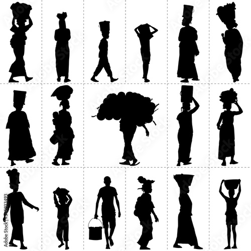 Silhouettes : personnes (hommes, femmes, enfants) portant des charges au Sénégal