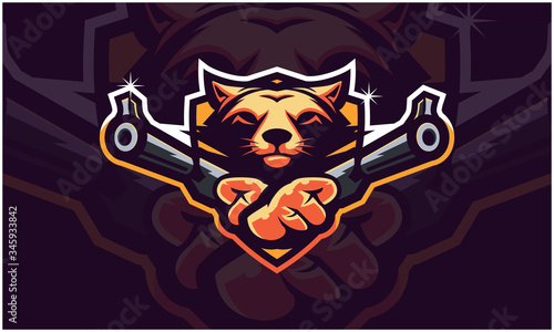 Fox head holding two gun, tactical team, Airsoft gun or Paintball club logo. Design element for company logo, label, emblem, apparel or other merchandise. Scalable and editable Vector illustration