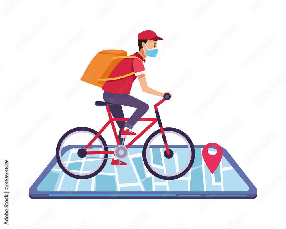 Fototapeta premium smartphone with delivery application and worker in bicycle