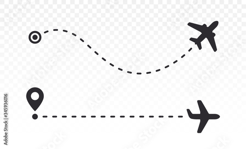 Airplane line path. Plane taking off. Flight of the aircraft. Route travel. Starting point. Vector illustration. Color easy to edit. Transparent background.