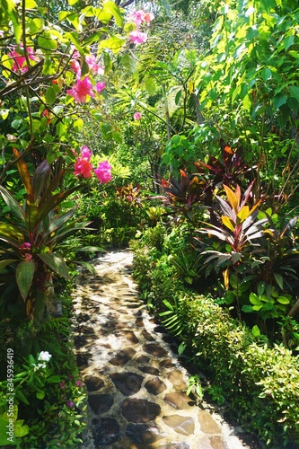 Narrow stone walkway through a lush tropical garden in Bali Indonesia
