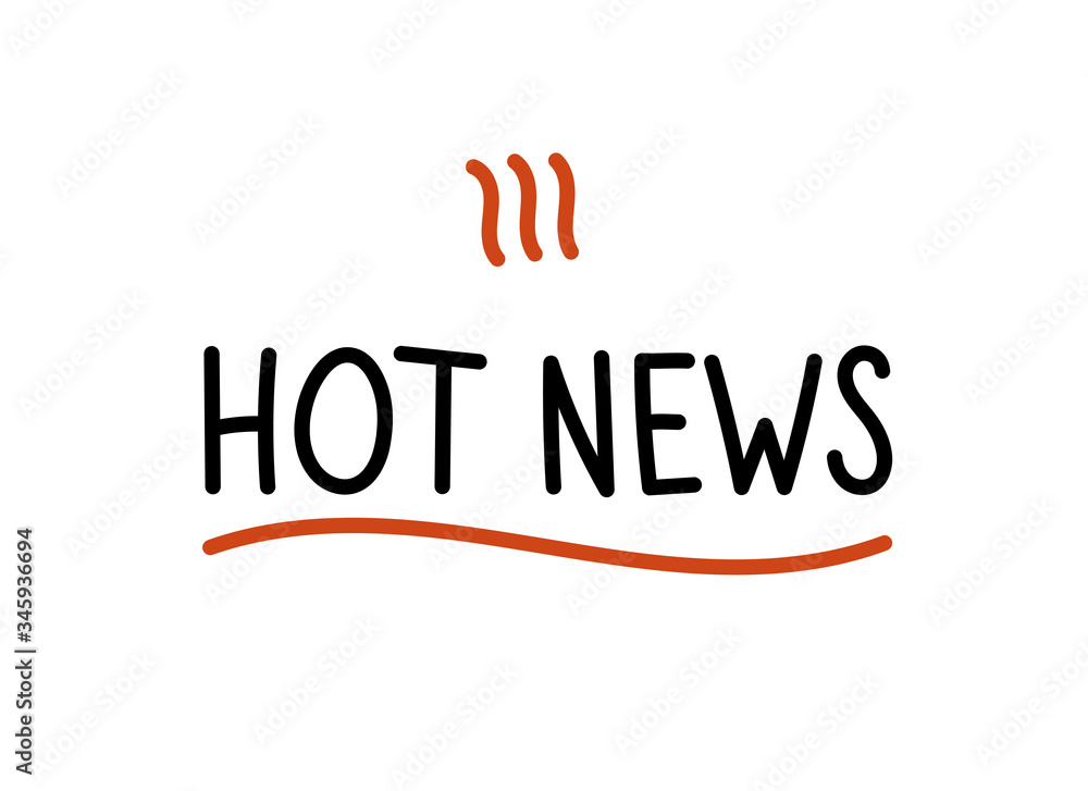 Fototapeta premium Hot news. Handwritten lettering illustration. Black vector text element and fire icon. Simple marker style