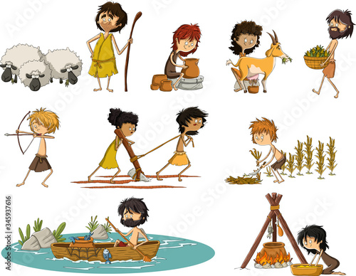 Group of cartoon neolithic people working. Prehistoric people. photo