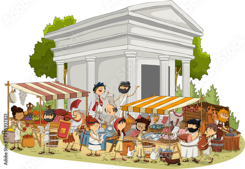 Ancient civilization with people working. Greek roman retro vintage people in the street market.
 photo