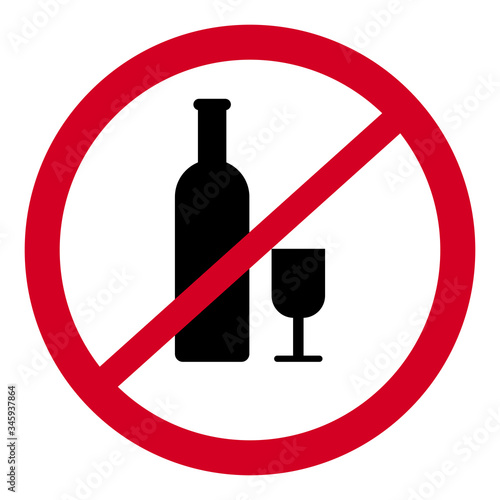 Sign prohibiting the use of alcoholic beverages. Red circle with a white middle with a bottle and a glass crossed out by a red stripe. Vector illustration. Stock Photo.