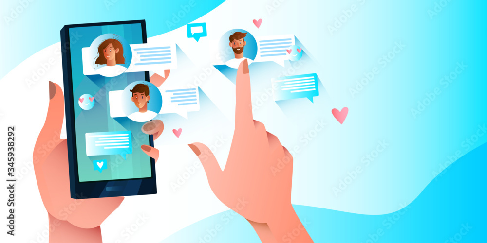 Online chat concept with smartphone, female hands, user avatars, messages. Social network banner in blue colors. SMM background with male and female characters and copy space. Online chat concept with smartphone, female hands, user avatars, messages. Social network banner in blue colors. SMM background with male and female characters and copy space.