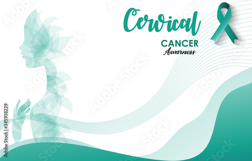 Cervical Cancer Awareness green paper cut butterfly web banner for support and health care. Template for Infographics or Websites Magazines. Flat Cancer Awareness Month. Vector illustration. photo
