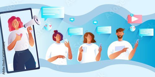 Refer a friend concept with young redhaired female blogger holding megaphone. Social media and network banner with millennials using their smartphones. Online communication background.