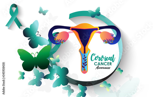 Cervical Cancer Awareness green paper cut butterfly web banner for support and health care. Template for Infographics or Websites Magazines. Flat Cancer Awareness Month. Vector illustration.