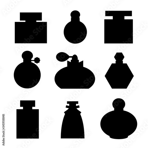 Perfume bottle silhouettes in monochrome style.
