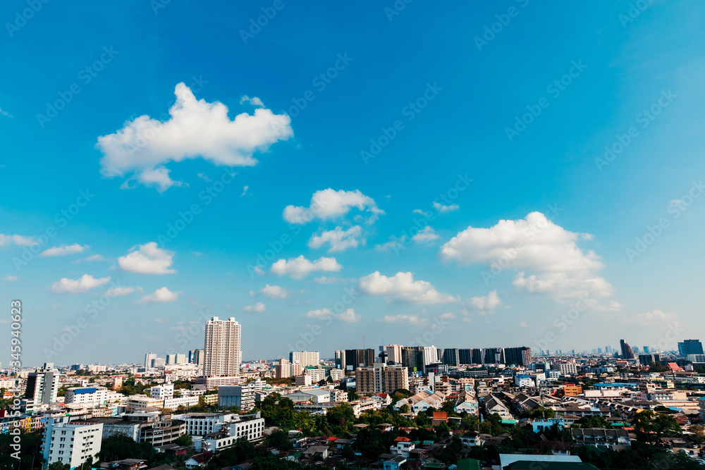 Skyline aerial view the city of Bangkok Thailand, blue sky