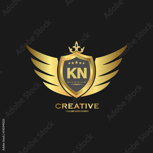 Abstract letter KN shield logo design template. Premium nominal monogram business sign.