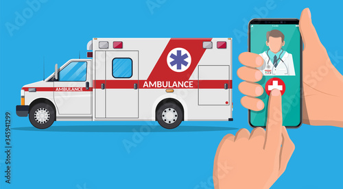 Call ambulance car via mobile phone. Emergency clinic vehicle. Smartphone with doctor and medical van. Healthcare, hospital and medical diagnostics. Urgency services. Flat vector illustration