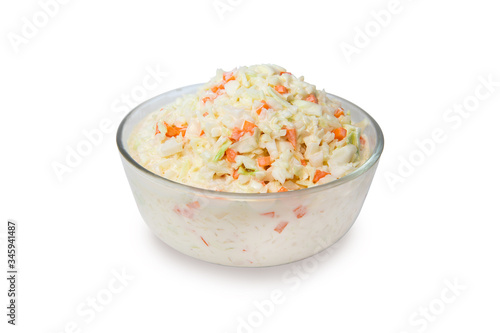 Coleslaw salad in glass bowl on white background, isolated, clipping path included