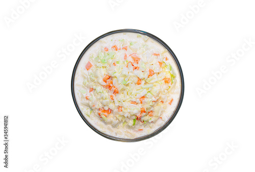 Foto Top view of coleslaw salad in glass bowl on white background, isolated, clipping