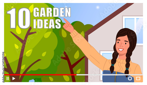 Concept of video player interface. Cute girl with pigtails shoot video of garden ideas. Professional gardener online streaming. Blogger or content creator make video tutorial for internet, social