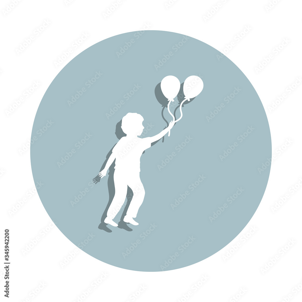 Boy running with balloons badge icon. Simple glyph, flat vector of children icons for ui and ux, website or mobile application Boy running with balloons badge icon. Simple glyph, flat vector of children icons for ui and ux, website or mobile application