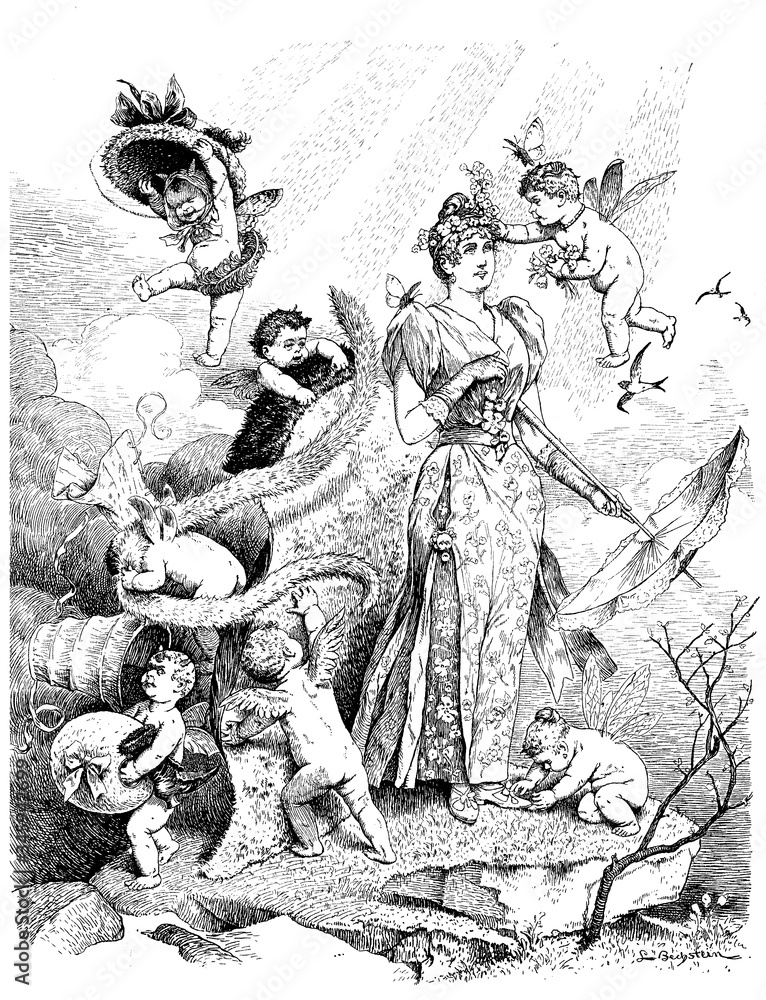 Fototapeta premium Humor and caricatures 19th century: a flock of Cupid putti fly around a young lady and help dressing with flower decorations and luxury outfits