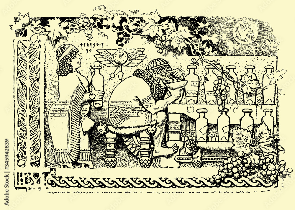 Assyrian-Babilonian style humor: Gilgamesh and Siduri the young goddess of wine, the king drinks and rejoice the wine