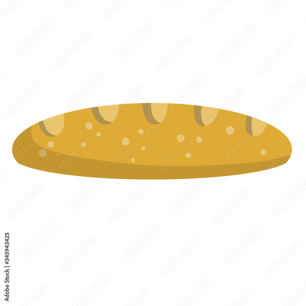 Loaf of white bread. Cartoon flat illustration. Food from grain and flour. French baguette isolated on white Loaf of white bread. Cartoon flat illustration. Food from grain and flour. French baguette isolated on white
