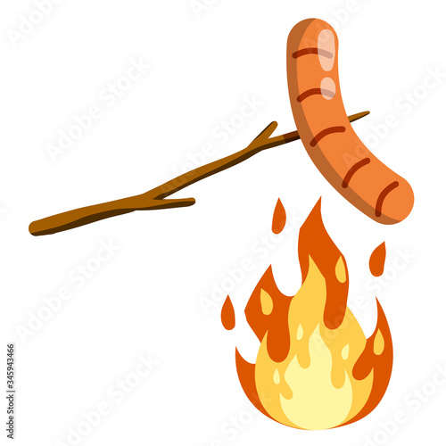Sausage is fried on stick over the fire. roast meat diet. Barbecue and street food element. Cartoon flat illustration. Food in the camp in the campaign