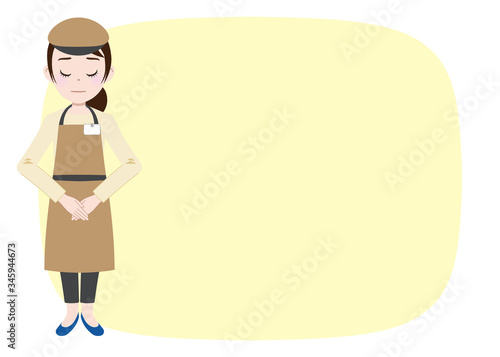 カフェ、レストラン、園芸店、飲食店、飲み屋、パン屋、ベーカリー、ファストフード、パン、コーヒー、お茶、エプロン、店員、店長、スタッフ、ショップ、店、あいさつ、告知、お知らせ、説明、広告、おすすめ、笑顔、カスタマー、お客様、お詫び、クレーム対応、クレーム、欠品、買い溜め、売り切れ、ポスター、チラシ、ポップ、イラスト、カットイラスト、イラストレーション、ベクター、絵、漫画、人気、かわいい、売れ筋、人、