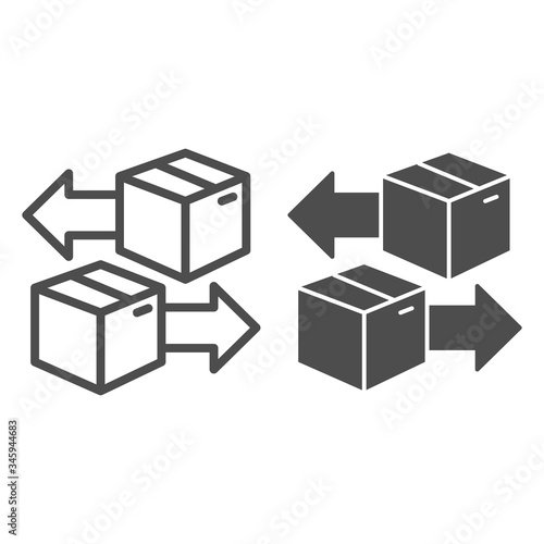 Cardboard boxes with arrows line and solid icon, delivery and logistics symbol, Cargo goods box with exchange arrow vector sign on white background, return package icon outline style. Vector graphics.