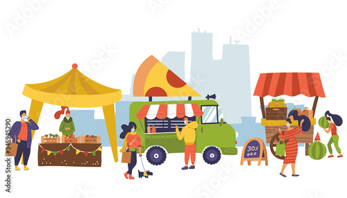Banner on farm market theme, organic food. Street food festival. Different vendors, local shop. Farmers sell fresh vegetables, fruits. People buy food after coronavirus lockdown. Flat vector design