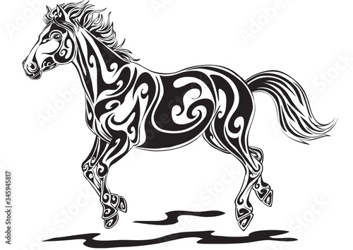 stylized horse in black gallops, isolated object on a white background, vector illustration,