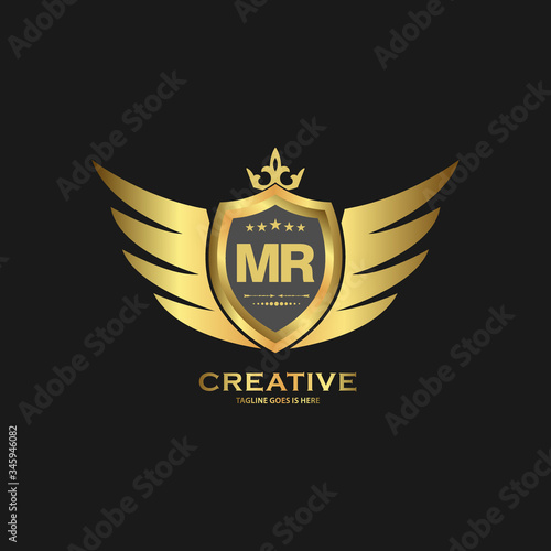 Abstract letter MR shield logo design template. Premium nominal monogram business sign.